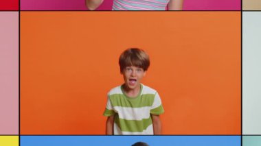 Gülümseyen mutlu insanların kolajı kadınlar farklı yaşlarda etnik köken değiştiriyor el sallıyor, davetkar hareketler yapıyor merhaba, hoş geldin havası, misafirperver bir ifade. Konuşma iletişimi