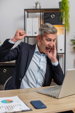 Dizüstü bilgisayar ağı üzerinde çalışan genç, beyaz bir işadamı. Ani zaferle gülümsüyor, gol başarısı, galibiyet, kariyer haberleri. Takım elbiseli serbest çalışan heyecanlı bir adam çalışma masasında oturuyor.