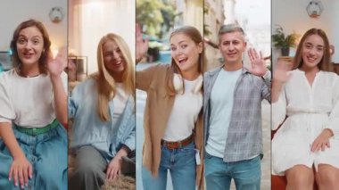 Gülümseyen mutlu insanların kolajı kadınlar farklı yaşlarda etnik köken çeşitliliği el sallıyor, davetkar hareketler yapıyor merhaba, merhaba, hoş geldin havası yaratıyor, misafirperver bir ifade. Konuşma