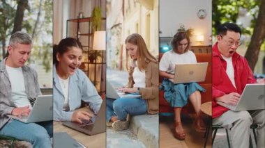 Mutlu insanların kolajı farklı cinsiyetler, farklı yaşlar, etnik kökenler. Kutlama için dizüstü bilgisayar kullanan neşeli erkek kadınlar zaferi kazandı. İyi haber haber piyango uygulaması online oyun ikramiyesi.