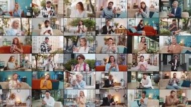 Üzüntülü insanların kolajı. Kadınlar farklı yaşlarda farklı etnik kökenlere sahipler. Akıllı telefon daktilo ile bakıyorlar, şaşırıyorlar.