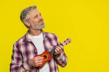 Olgun bir adam gitar çalıyor. Kafasını sallıyor ve gamsız bir mizahla gülüyor. Müziğin ritminden keyif alıyor. Orta yaşlı oyuncu sarı arka planda dans figürleriyle müzik sahnesini birleştiriyor.