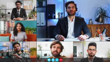 Hintli erkeklerin kolajı. İnternetteki haberleşme video konferansında konuşan kadın POV uzaktan bilgisayar ekibi toplantısı. Sosyal medya akıllı telefon uygulaması kullanarak selfie kaydeden blogcu