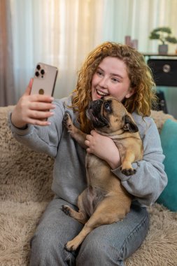 Beyaz saçlı genç bir kadın akıllı telefon kullanarak pug dog 'la kanepesinde selfie çekerken gülümsüyor. Mutlu kız evcil hayvanı kollarında tutuyor, sıcak ve neşeli anın tadını çıkarıyor ve hayvan arkadaşlarıyla bağ kuruyor.