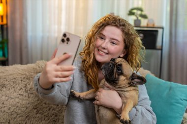 Beyaz saçlı genç bir kadın pug dog tutuyor ve kanepesinde mutlu bir ifadeyle selfie çekiyor. Kız, sevimli bir evcil hayvanla bağ kurmaktan zevk alıyor, köpekle rahat bir apartmanın içinde poz vermekten..