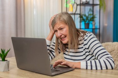 Olgun kadın evdeki dizüstü bilgisayarında sistem hatası virüsü yaşıyor. Kafası karışmış görünüyor, parmaklarını klavyeye vuruyor, başarısız oluyor, kaybediyor, veri kaybından duyduğu gerilimi dile getiriyor.