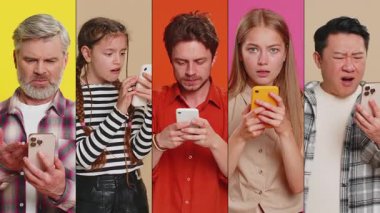 Üzüntülü insanların kolajı. Kadınlar farklı yaşlarda farklı etnik kökenlere sahipler. Akıllı telefon daktilo ile bakıyorlar, şaşırıyorlar.