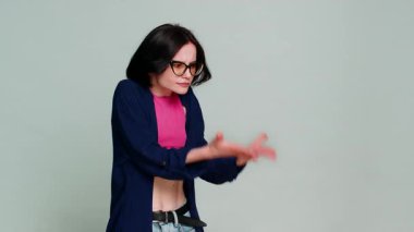 Woman raising hands asking what why reason of failure, demonstrating disbelief irritation by troubles trendy social media meme anti lifehacks ridicules people who complicate simple tasks for no reason