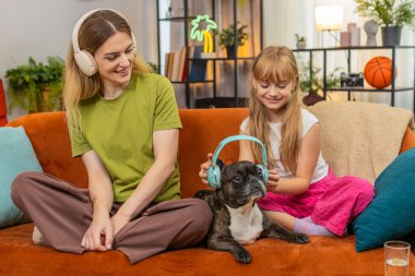 Evde Fransız bulldog 'u olan anne ve kızı bilgisayar çalışırken kablosuz kulaklık kullanıyor. Kanepede köpekli bir kadın ve kız mırıldanır ve şarkı söyler ritim notalarını tutar rahatlar.