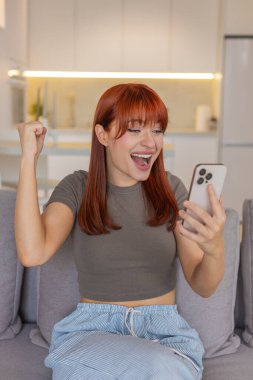 Evde genç bir kadın akıllı telefonu kontrol ediyor. İyi haber atlamaları başarıyı kutlar. Kanepede oturan kızıl saçlı kız yumruğunu kaldırıyor. Mutlu tepki veriyor.