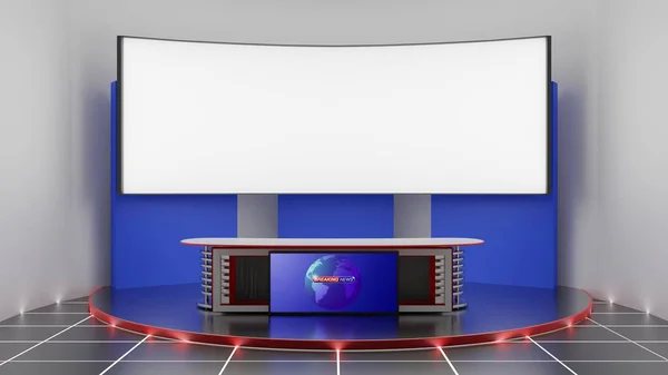 white table and led screen background in the news studio room.3d rendering.