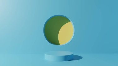 Mavi oda 3D 'de güneş ışığı olan mavi podyum..