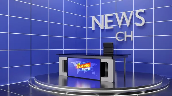 ニューススタジオルームのガラスのテーブルとリードスクリーンの背景 3Dレンダリング — ストック写真