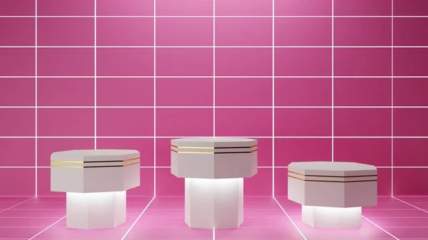 ピンクの部屋にネオンのある白いショーケース 3Dレンダリング — ストック写真