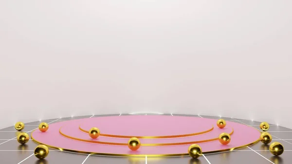 Roze Podium Met Gouden Bal Witte Kamer Rendering — Stockfoto