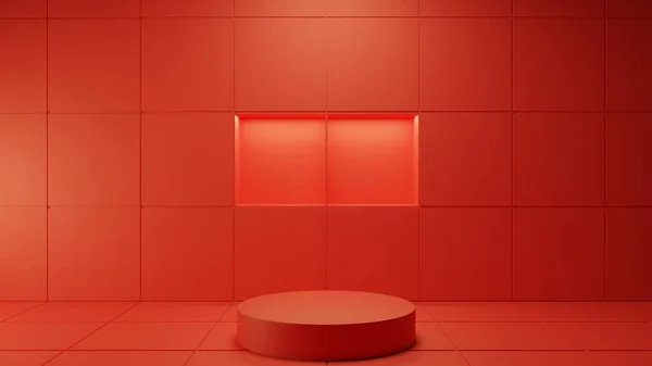Red Podium Neon Light Red Room Rendering — Stock Photo, Image