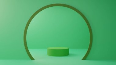 Yeşil stüdyoda yeşil podyum 3D görüntüleme.