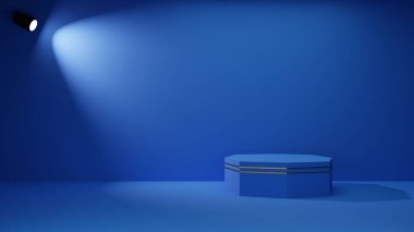 Pembe oda 3D 'de spot ışıkları olan mavi podyum..