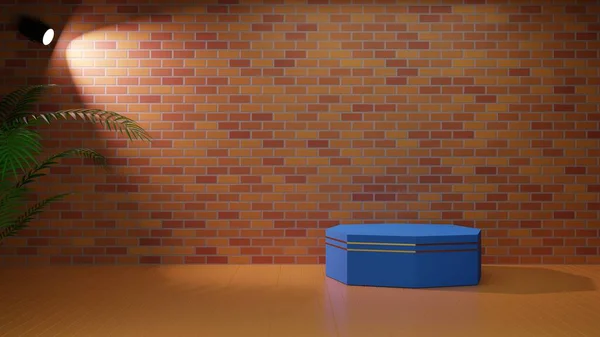 Pódio Azul Holofotes Com Parede Tijolo Vermelho Background Renderização — Fotografia de Stock