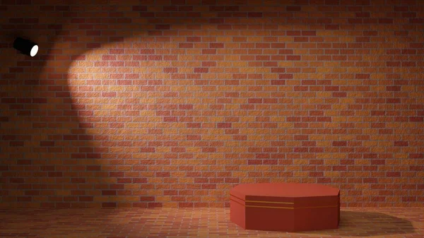 Pódio Vermelho Holofotes Com Fundo Parede Tijolo Vermelho Renderização Room — Fotografia de Stock