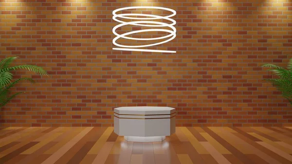 Weißes Podest Auf Holzboden Und Hängendes Neonlicht Backsteinraum — Stockfoto