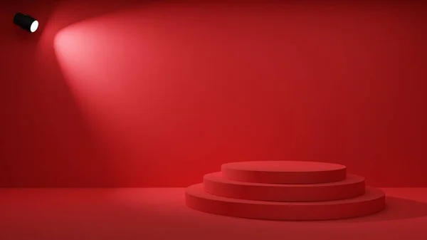 Czerwony Podium Reflektorem Czerwonym Pokoju Rendering — Zdjęcie stockowe