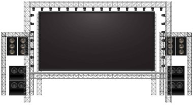 beyaz sahne ve hoparlör beyaz arkaplanda kiriş sistemi üzerinde kurşun ekran