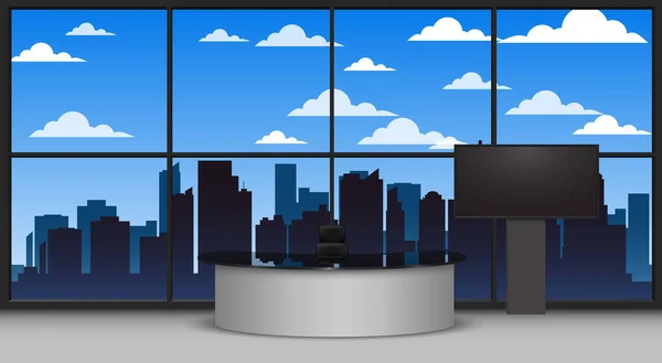 新闻演播室里的白色桌子和电视 夜晚背景下的城市 — 图库矢量图片