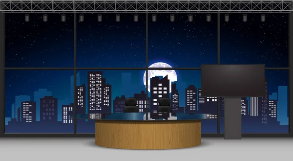 夜の街を背景にしたニューススタジオルームの白いテーブルと液晶テレビ — ストックベクタ