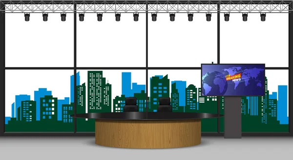 新闻演播室里的木制桌子和电视 夜晚背景中的城市 — 图库矢量图片