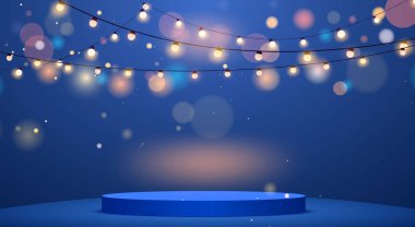 Mavi kürsüde asılı neon ışığı ve mavi odada renkli ışık