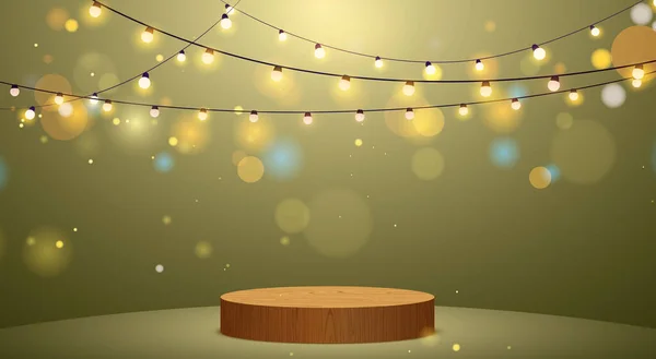 Holzpodest Mit Hängendem Neonlicht Goldzimmer — Stockvektor