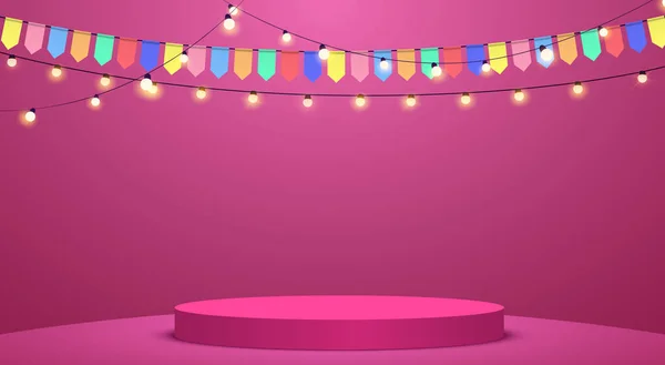 Pinkfarbenes Podium Mit Hängendem Neonlicht Und Bunten Fahnen Rosa Raum — Stockvektor
