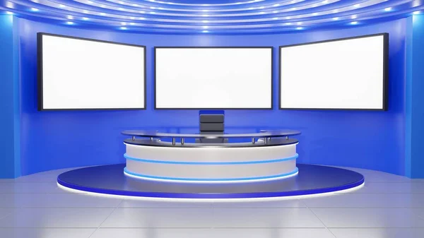 ニューススタジオルームの白いテーブルとLcdの背景 3Dレンダリング — ストック写真