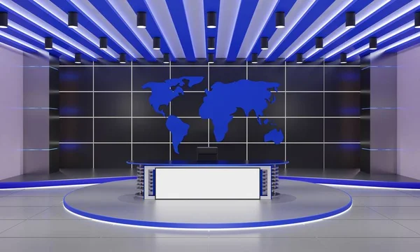ニューススタジオルーム 3Dレンダリングのホワイトテーブルとブルーマップの背景 — ストック写真