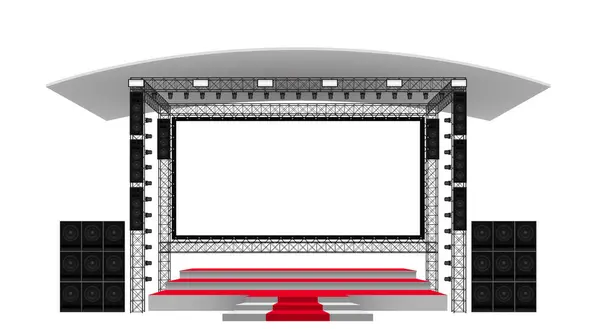 白い背景のトラス システムのスポットライトが付いている赤い段階および白いスクリーン — ストックベクタ