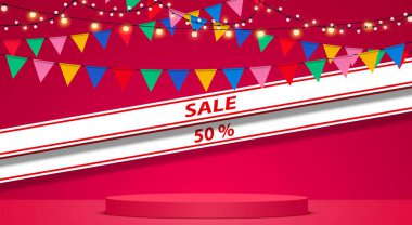 red podium with hanging neon light and colorful flags in the red room