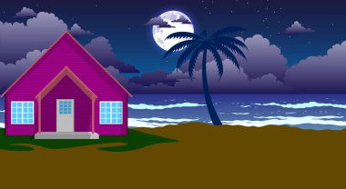 Yazın kumsalda pembe bir ev manzarası