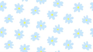 Nazik, sakin, çiçekli bir arka plan. Çizgi film animasyonu. Beyaz arka planda bahar mavisi çiçekler.