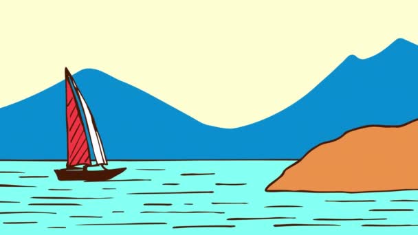 Prosta Animacja Kreskówkowa Jacht Przepływa Przez Turkusową Wodę Pływając Skałą — Wideo stockowe