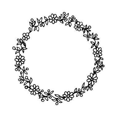 Çiçeksel elementlerle klasik tarzda elle çizilmiş yuvarlak çerçeve. Çiçeklerin, yaprakların, dalların siyah hatları, doğal kozmetik ürünlerin tasarımı için yapraklar, çıkartmalar, kartlar, etiketler, ürünler
