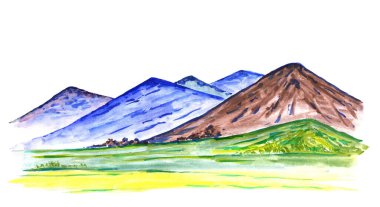 Parlak renkli el çizimi dağ manzarası. Suluboya, gouache seyahat, turizm, doğa tasarımı.