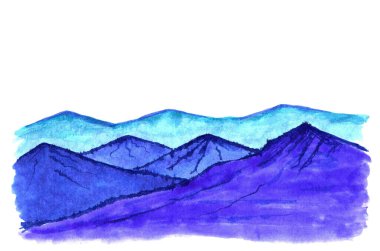 El çizimi suluboya manzara. Turkuaz, dağların mavi siluetleri. Kartpostalların, turizmin, seyahatlerin türleri.