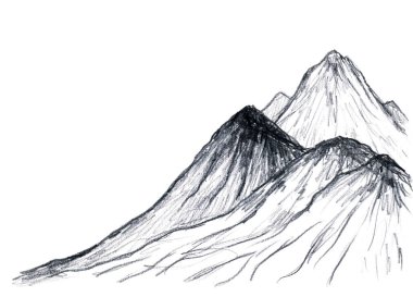 Vahşi manzara, dağların silueti, kayalık arazi, basit bir kalemle elle çizilmiş. Turizm, seyahat, dağlık ülkelerin doğası, fetih zirveleri, kartpostallar için.