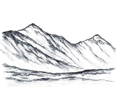 Vahşi manzara, basit bir kalemle çizilmiş, dağların silueti, zirveler, kayalık arazi. Turizm, seyahat, dağlık ülkelerin doğası, kartpostallar.