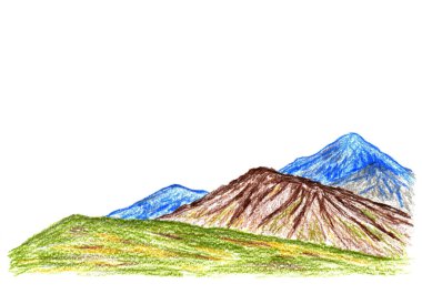 Dağ manzarası renkli kalemlerle boyandı. Beyaz arka planda mavi kahverengi tepeler. Metin, turizm, seyahat, kartpostallar için boş bir yer ile el çizimi illüstrasyon.
