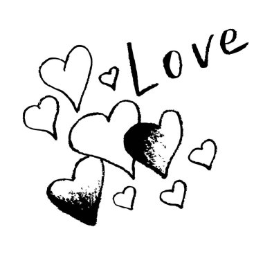 Vector illustration for the holiday of all lovers, Valentine's Day, February 14. Group of doodle hearts of different shapes and sizes, lettering Love. Freehand drawn black outline.