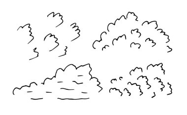 Hand-drawn vector set of black outline on a white background. Cumulus clouds of different shapes. Element of nature, seasonal weather, sky, air.