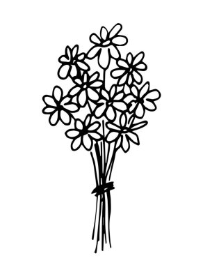 Basit el çizimi vektör çizimi. Siyah çizgili papatya buketi beyaz arka planda izole edilmiş. Yazılı kartpostallar, bahar tatilleri, anneler günü..