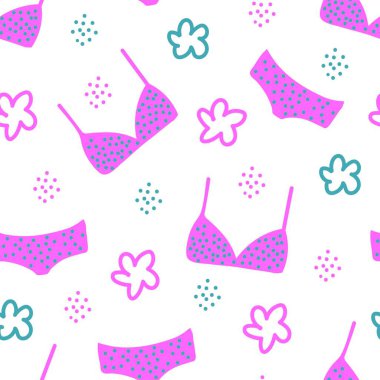 Pastel renklerde basit vektör pürüzsüz desen. Beyaz arka planda pembe kadın külotu ve sutyen. Kumaşlar, tekstil ürünleri.